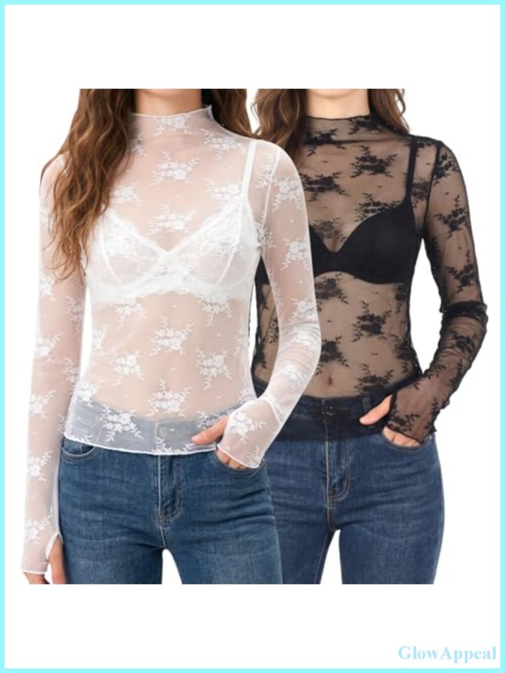 2 Pc Lace Mesh Long Sleeve Sheer Mock Neck Floral Top